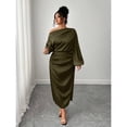 thumbnail image 3 of Army Green Satin Asymmetric Off-Shoulder Ruched Waist A-Line Midi Dress, 3 of 5