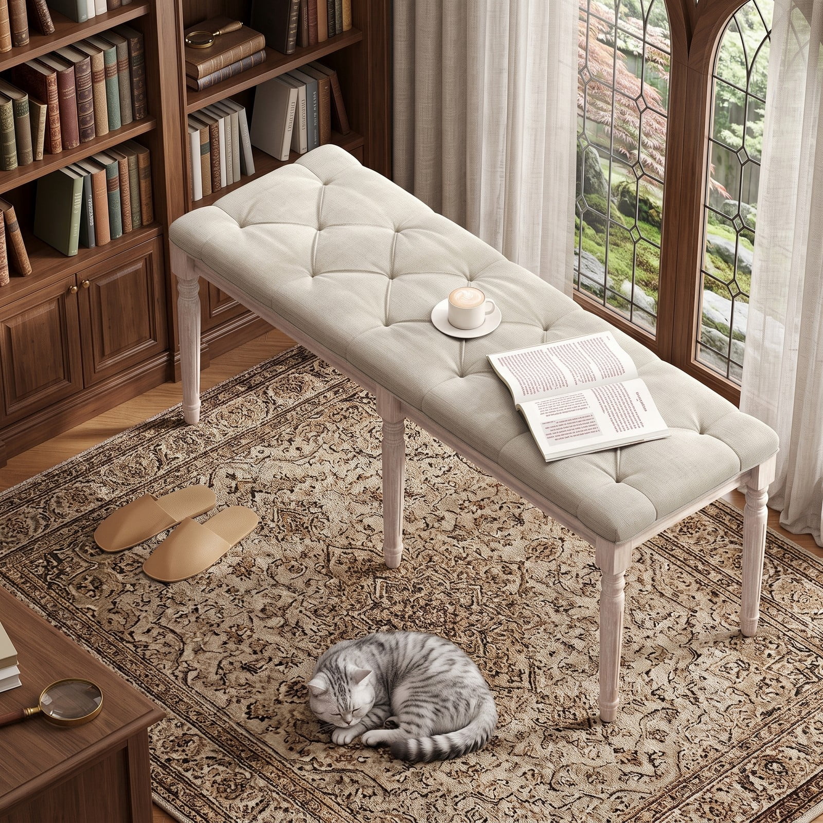 Furnibear 47.5 Inch Upholstered Bench with Button Tufted Padded Linen Seat and Carved Rubber Wood Legs for Bedroom, Beige