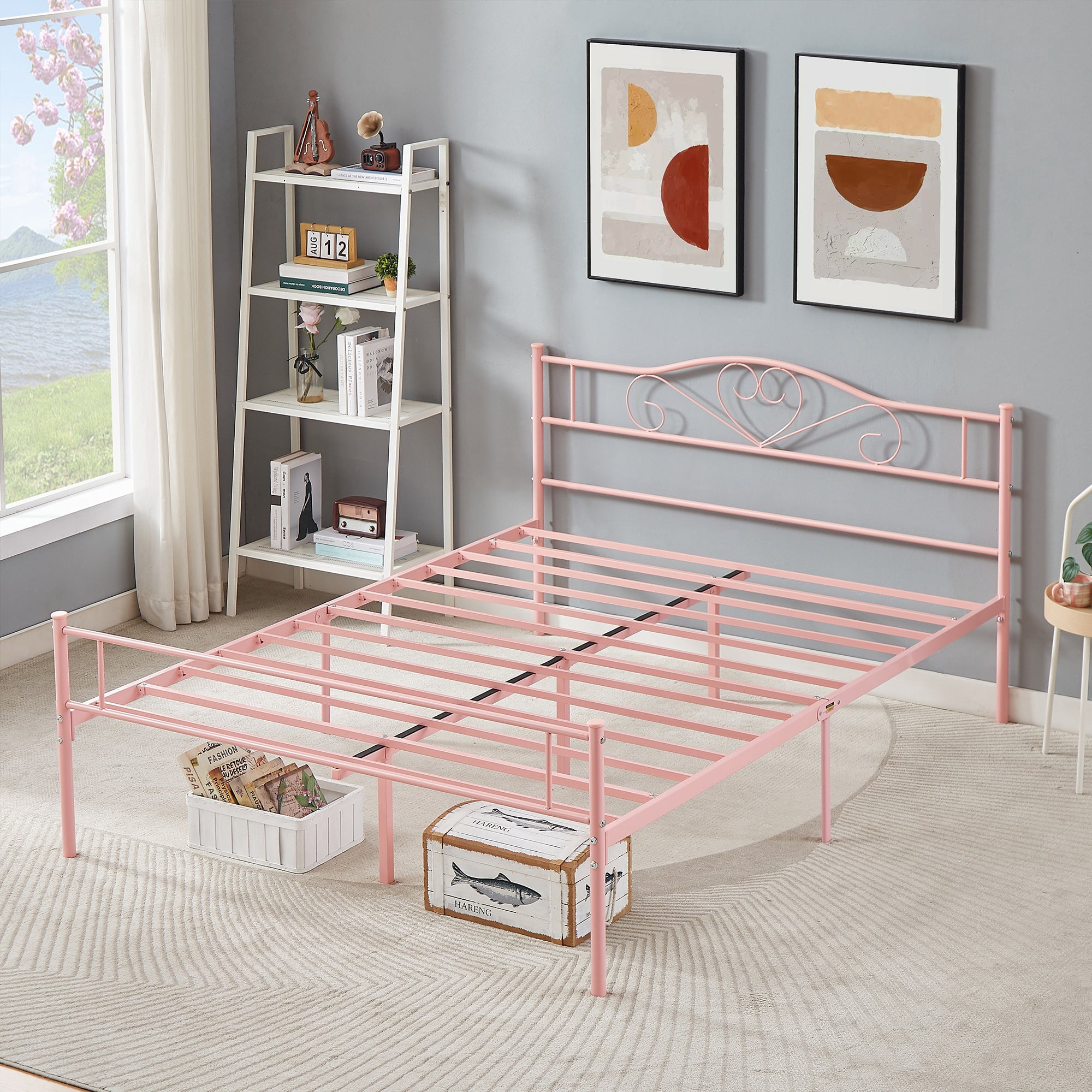 14 Inch Queen Size Metal Platform Bed Frame with Headboard and Footboard, Heavy Duty Mattress Foundation with Steel Slats Support, No Box Spring Needed, Pink