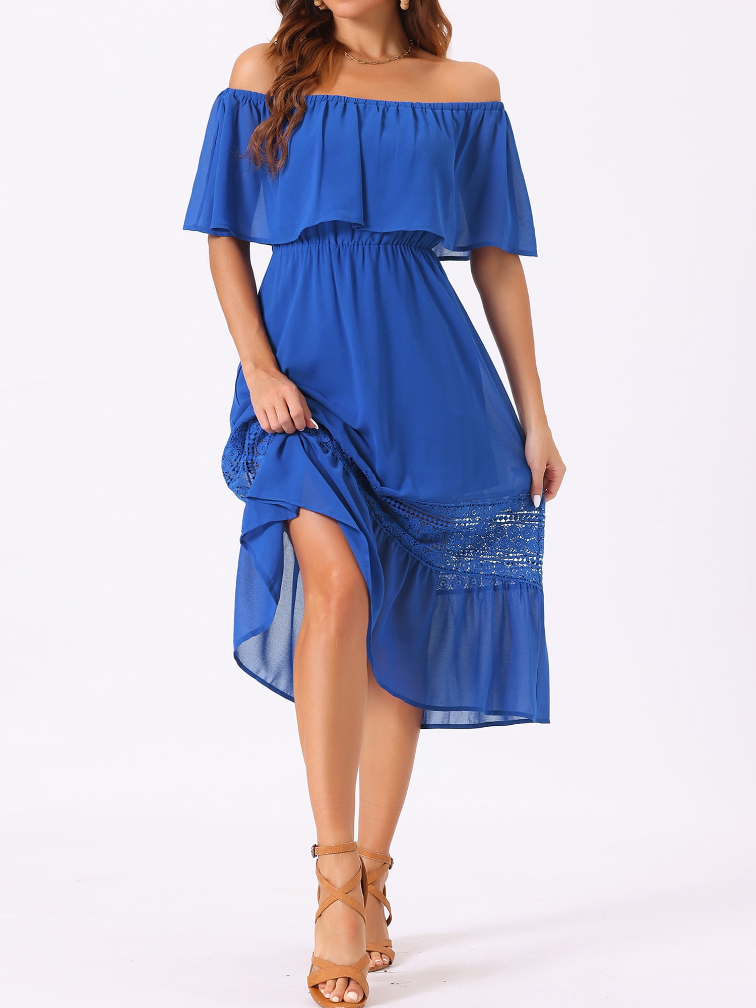 DARING DIVA Women's Off Shoulder Flutter Sleeve Maxi Dress M Royal Blue