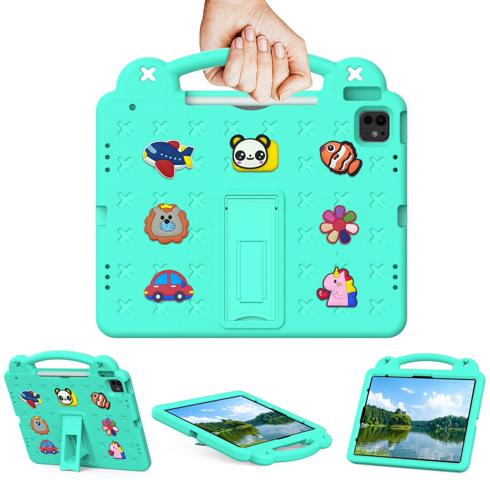 Nalacover Cartoon Handle Case for Apple iPad Air 11 inch 2024 Case, EVA Foam Cute Pattern with Pencil Holder Kickstand Cute Shockproof PC Case for iPad Pro 11 inch 2024, Mintgreen