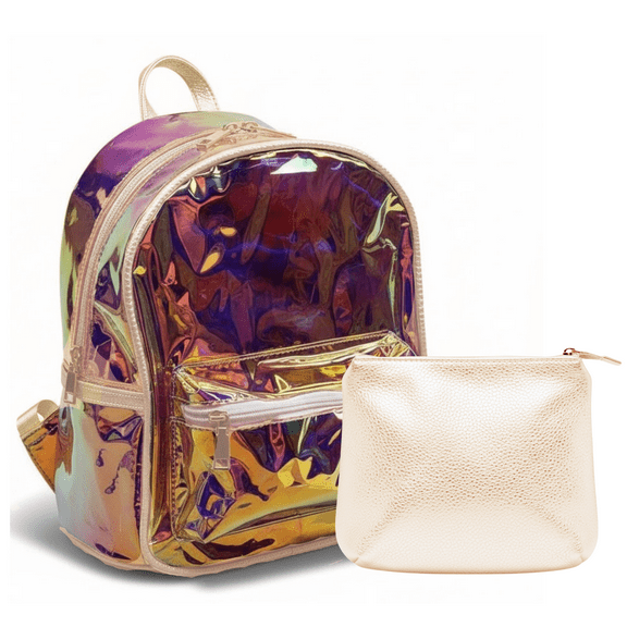 Clear Above Iridescent Mini Backpack with Purse – Holographic Shoulder Daypack for Travel, Concerts, Festivals & Everyday Fashion (Cream Trim)