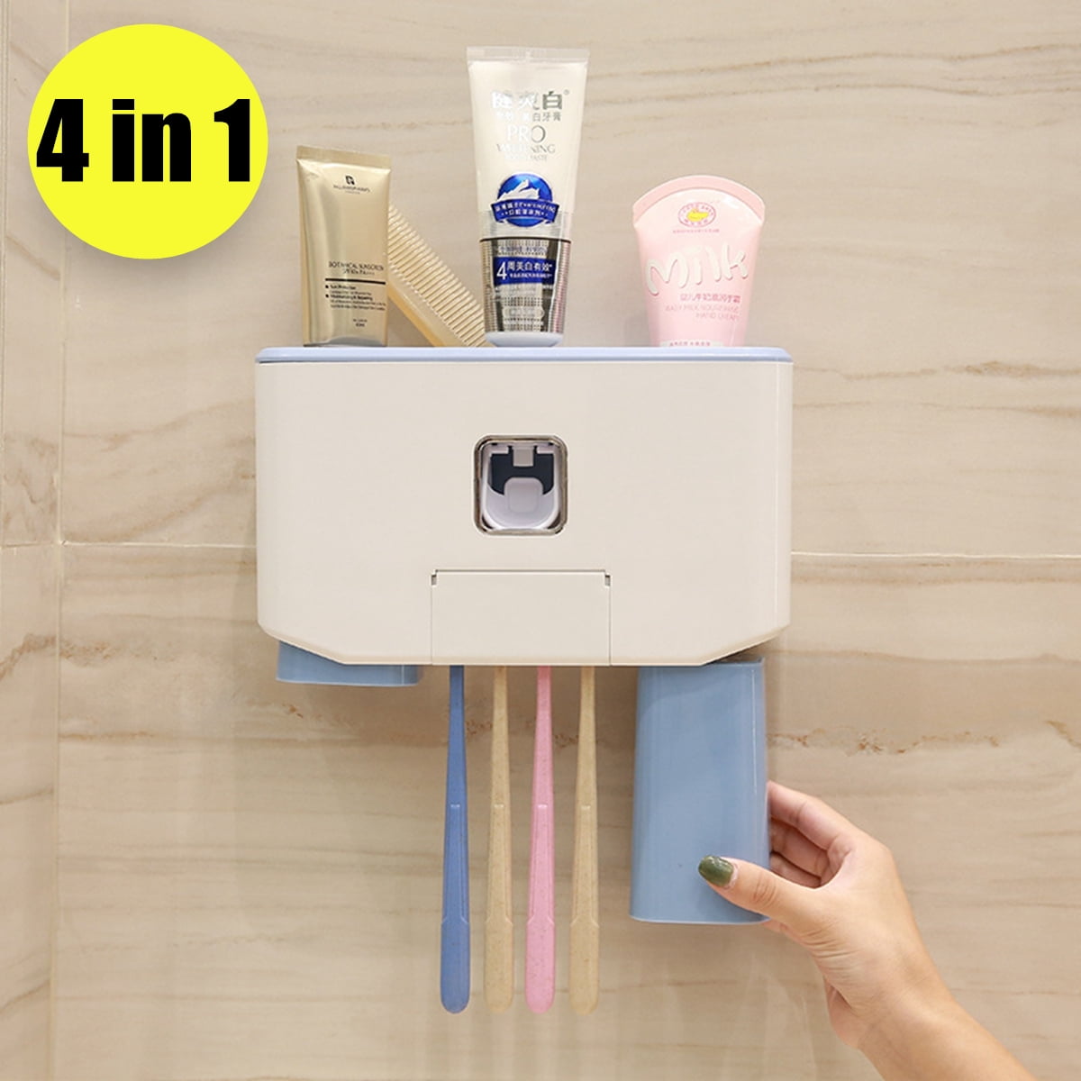 Automatic Toothpaste Dispenser Toothbrush Holder Set w/4 Toothbrushes