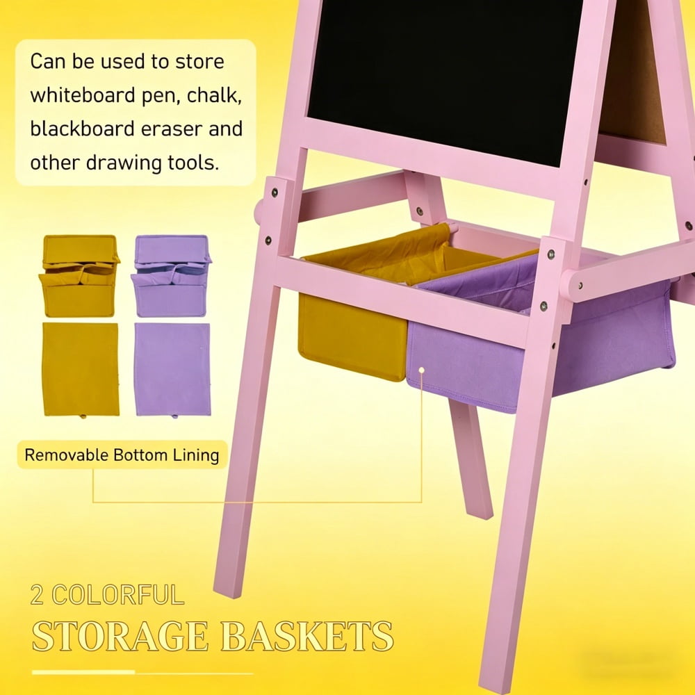 Pink 3-in-1 Kids Easel (Whiteboard + Blackboard + Paper Roll) - MDF A-Shape, with Storage Baskets & Drawing Paper, for 3+ Years Old