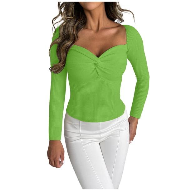 Suéter de cuello en V para mujer, sudadera informal de manga larga con cuello en V, blusa de punto sólido, suéter para mujer