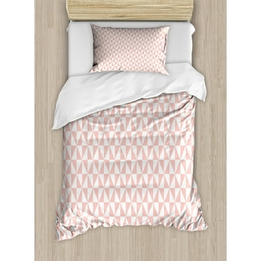 Pale Pink Twin Size Duvet Cover Set, Bicolor Triangles Pattern in Pastel Colors and Geometrical Design Mosaic Grid, Decorative 2 Piece Bedding Set with 1 Pillow Sham, Blush White, by Ambesonne