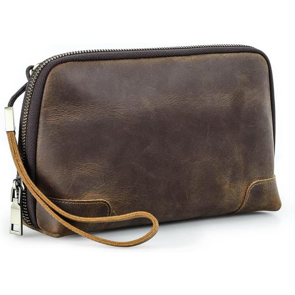 Hiram Mens Leather Clutch Bag, Genuine Leather Toiletry Bag for Men, Mens Vintage Cowhide Leather Handbag for Business, Travelling and Gym Fitness