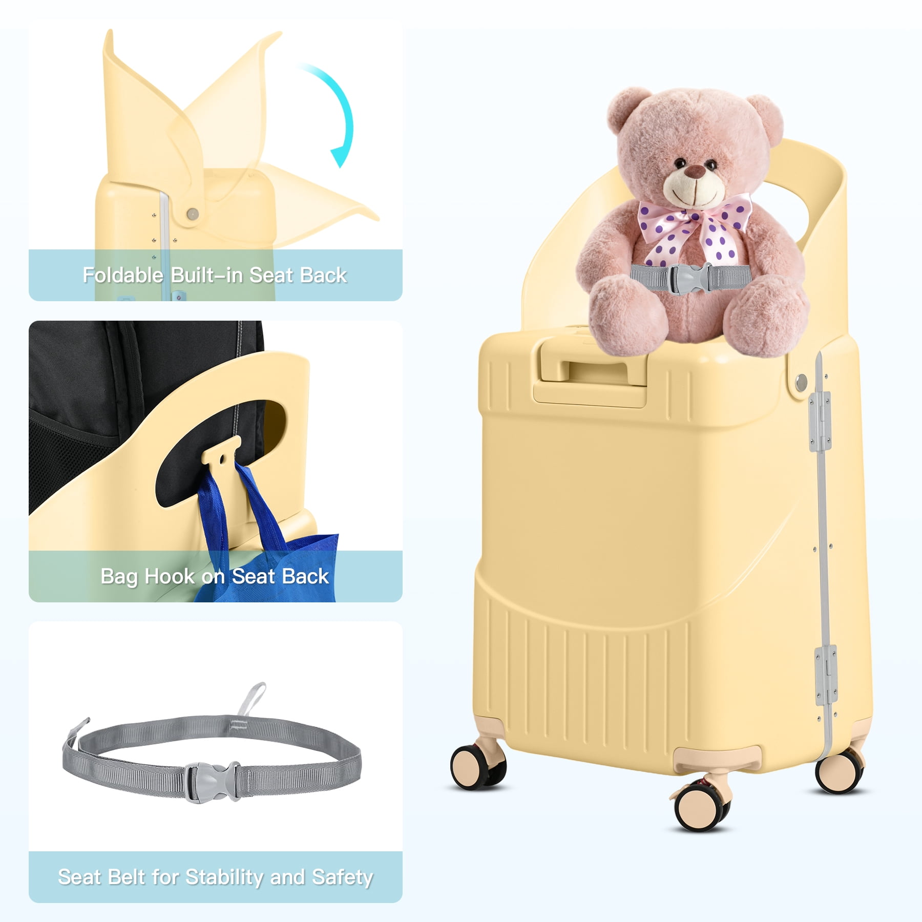 Advwin 20" Ride-On Suitcase for Kids & Adults, Hardshell Carry-On Luggage w/ Child Seat, Front Opening, USB Port, TSA Lock, 4 Spinner Wheels for Travel, Yellow
