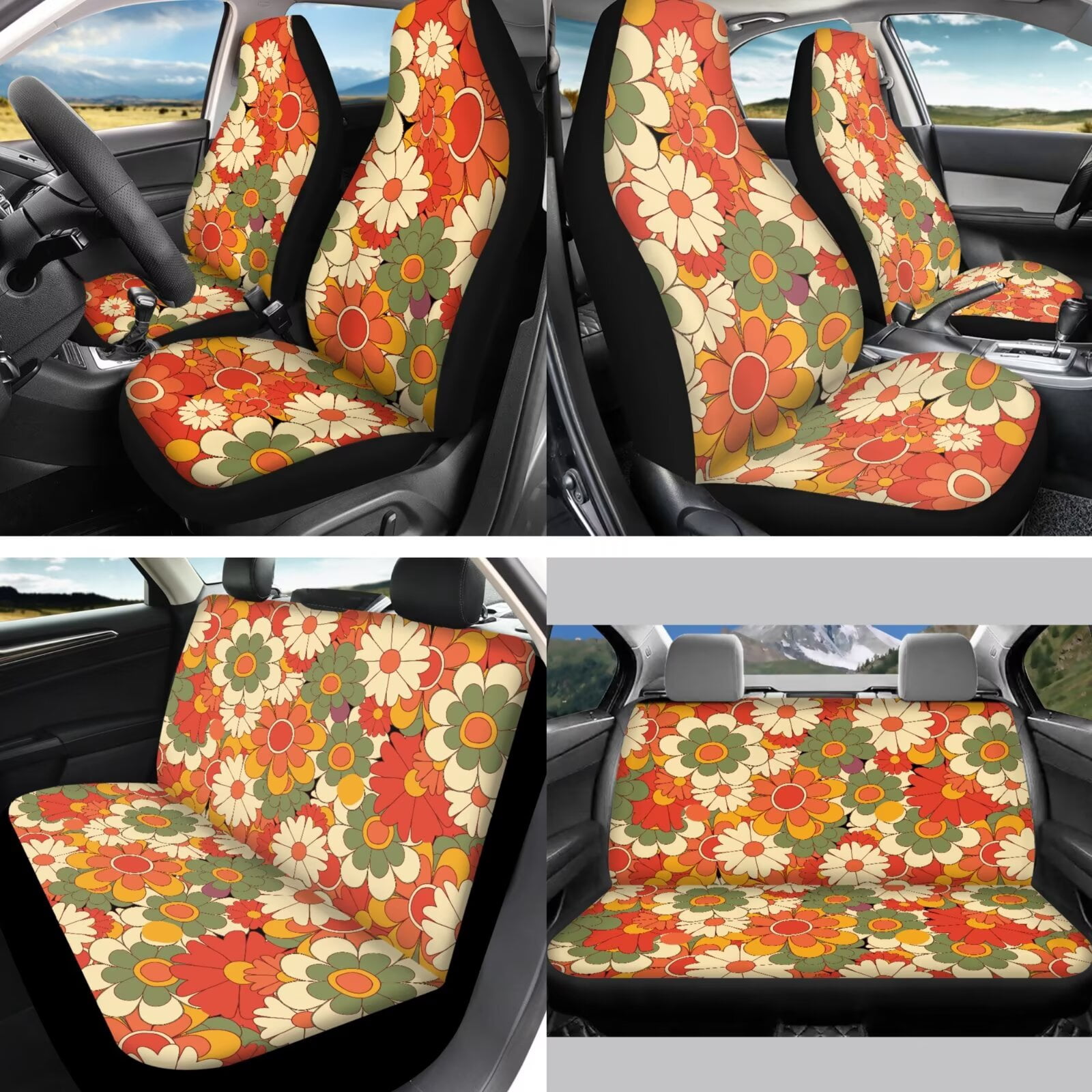 Jeiento 13 PCS Car Seat Cover Set with Steering Wheel Cover Seat Belt Strap Cover Armrest Cover Coaster Keychain Abstract Hippie Flower Automobile Interior Sets Decor Easy to Install