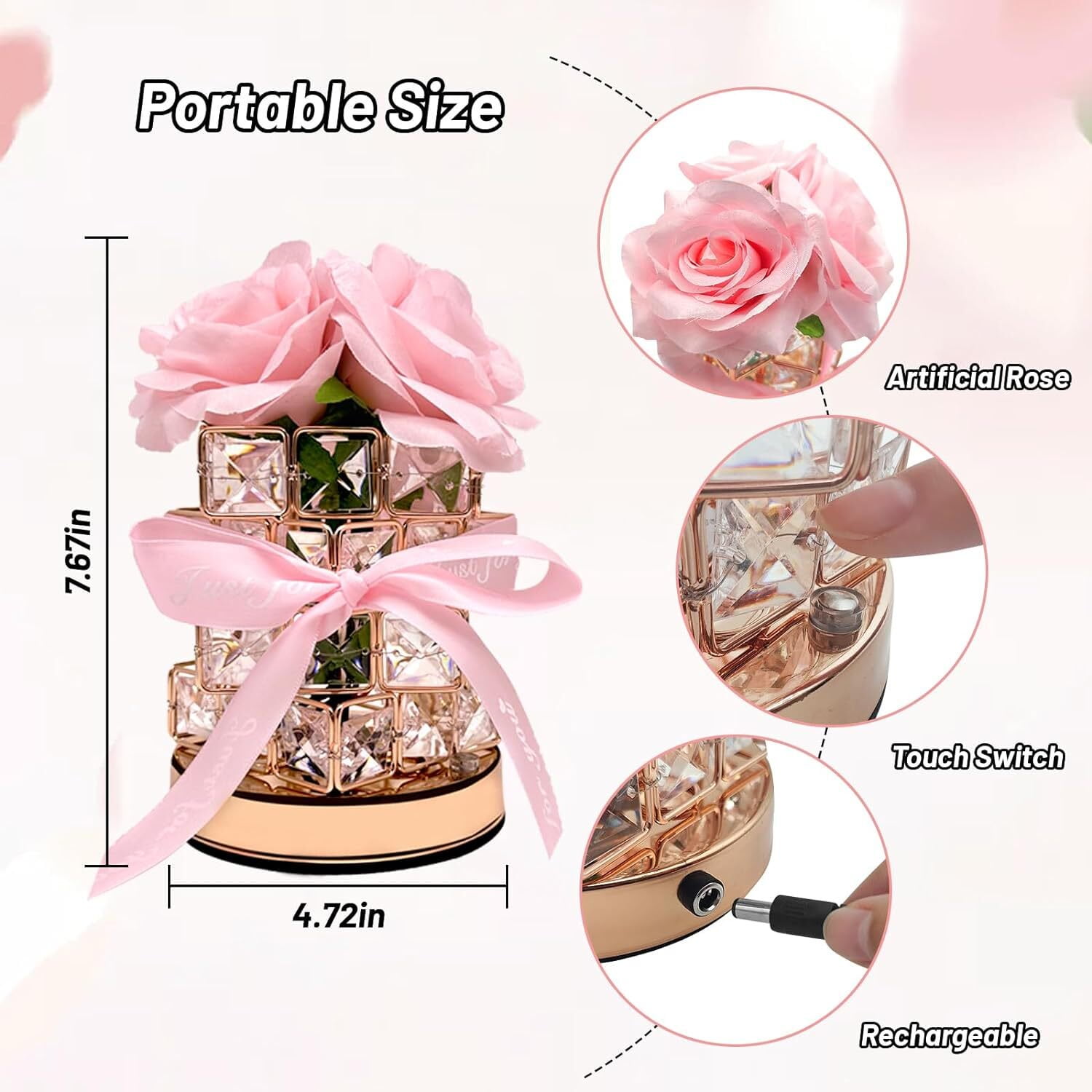 Rose Crystal Table Lamp, USB Charging 3 Colors Dimmable Flower Lamp Square Crystal Vase Romantic Gift Room Decoration for Women Wife Girlfriend