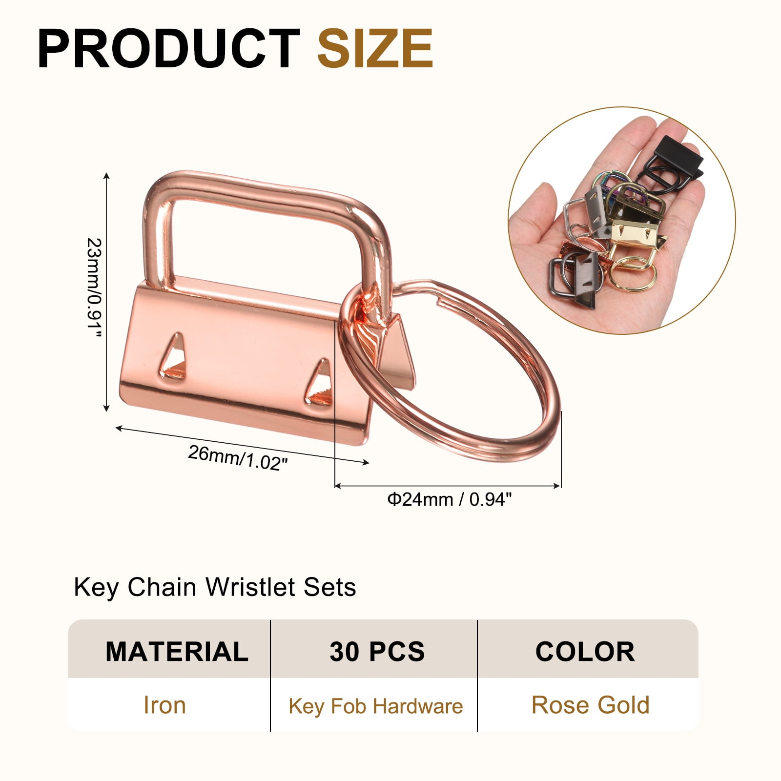 Uxcell 30 Pcs Key Fob Hardware, 1in 26mm Wristlet Clasp Sets with Key Rings for Keychain Making Supplies Lanyards Bag DIY Crafts, Rose Gold
