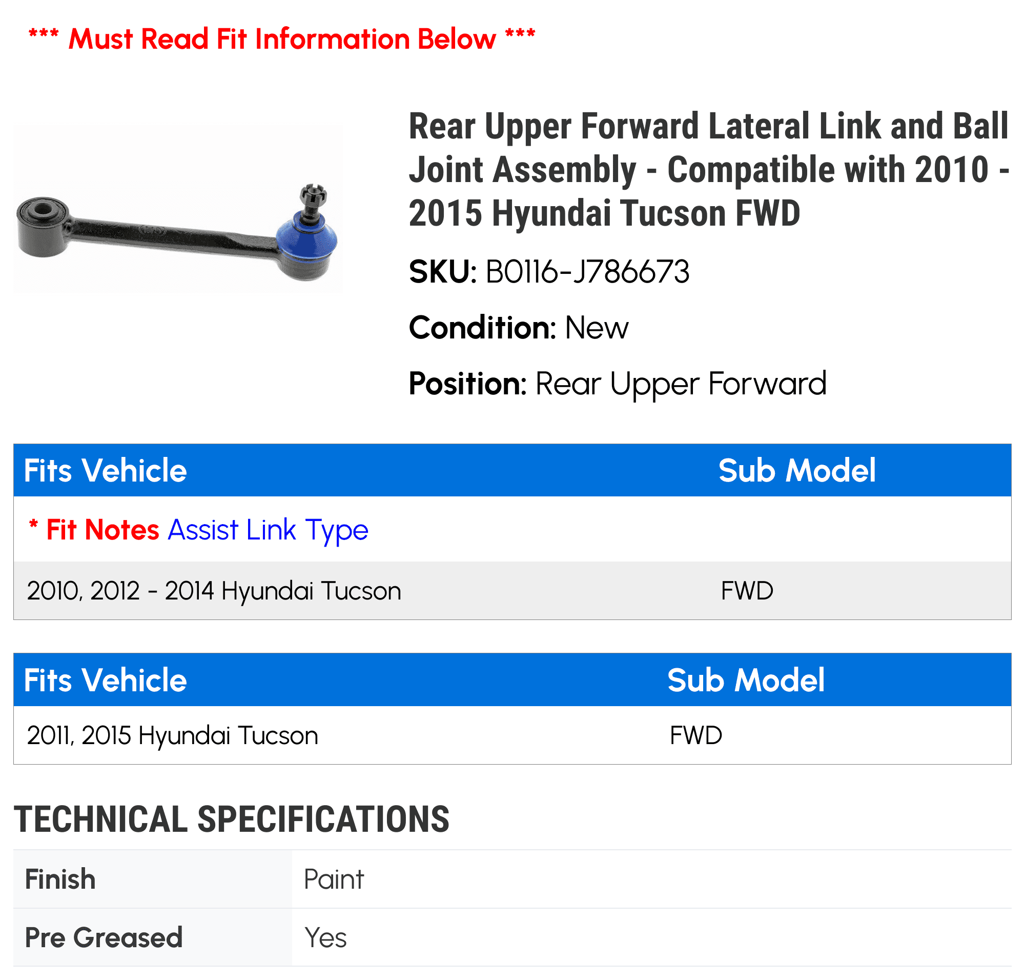 Rear Upper Forward Lateral Link and Ball Joint Assembly - Compatible with 2010 - 2015 Hyundai Tucson FWD 2011 2012 2013 2014