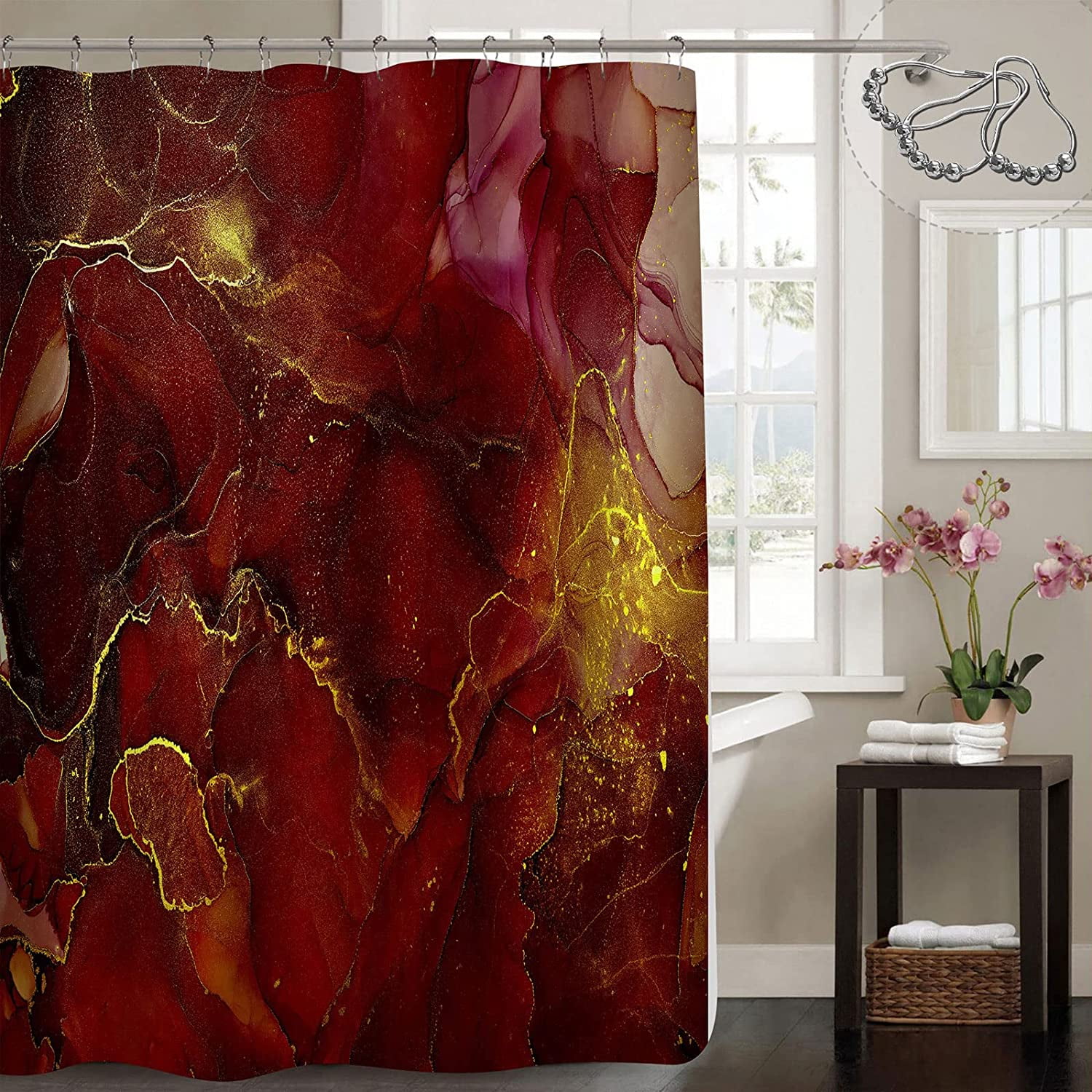 Burgundy Red Shower Curtain, Abstract Marble Fabric Shower Curtain for