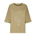 thumbnail image 3 of Plus Size Tops for Women Cotton Linen Shirt 3/4 Sleeve Round Neck T-Shirt Loose Casual Shirt Lightweight Trendy Summer Fall Tops,Khaki,M, 3 of 3
