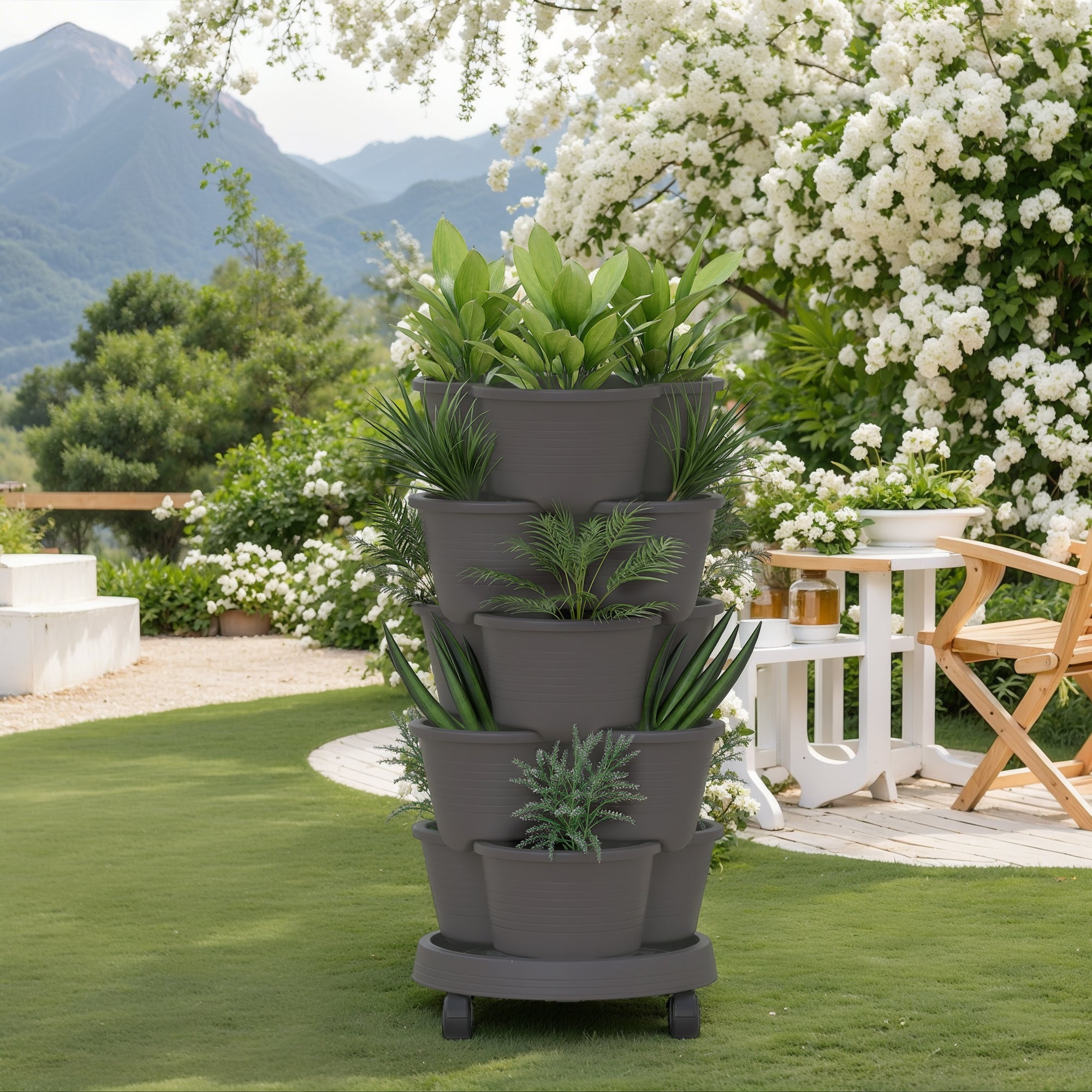 VECELO Stackable Planters 5 Tier Vertical Gardening Planter, Stackable Garden Tower Indoor Outdoor Pot For Strawberries, Flowers, Herbs, Vegetables With Removable Wheels, Dark Gray