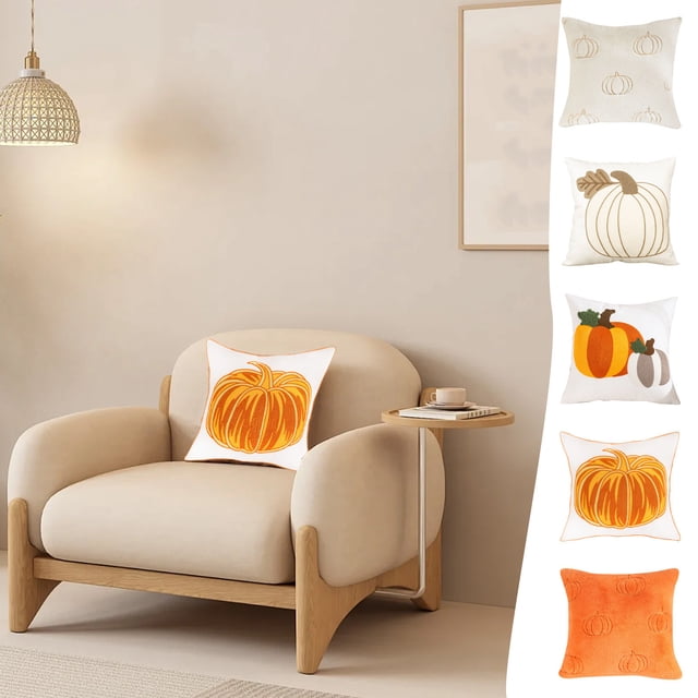Fiudx Funda de Almohada Bordada con Calabaza, Cojín Decorativo de Halloween, Cojín Decorativo de Acción de Gracias, Decoración Acogedora para El Hogar, Tela Suave y Transpirable, Tamaño 45 X 45 Cm, E