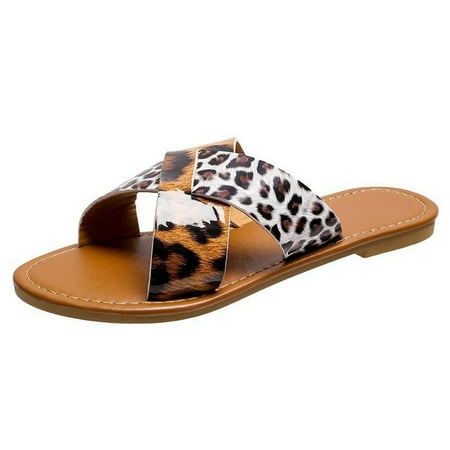 

BELLZELY Womens Shoes Sandals Clearance Summer Ladies Slippers Cross Band Flat Bottom Sandals Casual Women Shoes Leopard Print Slippers