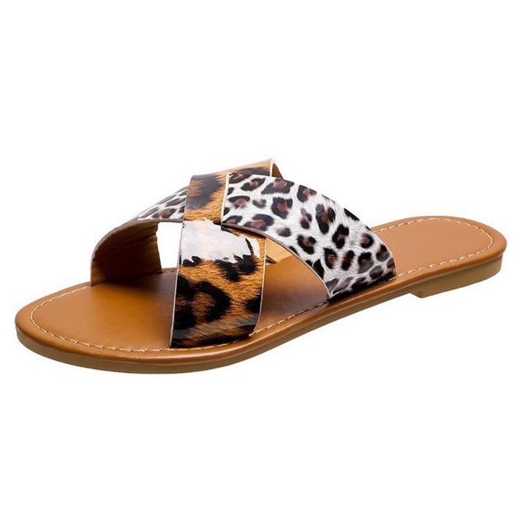 asdoklhq Slippers for Women Summer,Summer Ladies Slippers Cross Band Flat Bottom Sandals Casual Women Shoes Leopard Print Slippers