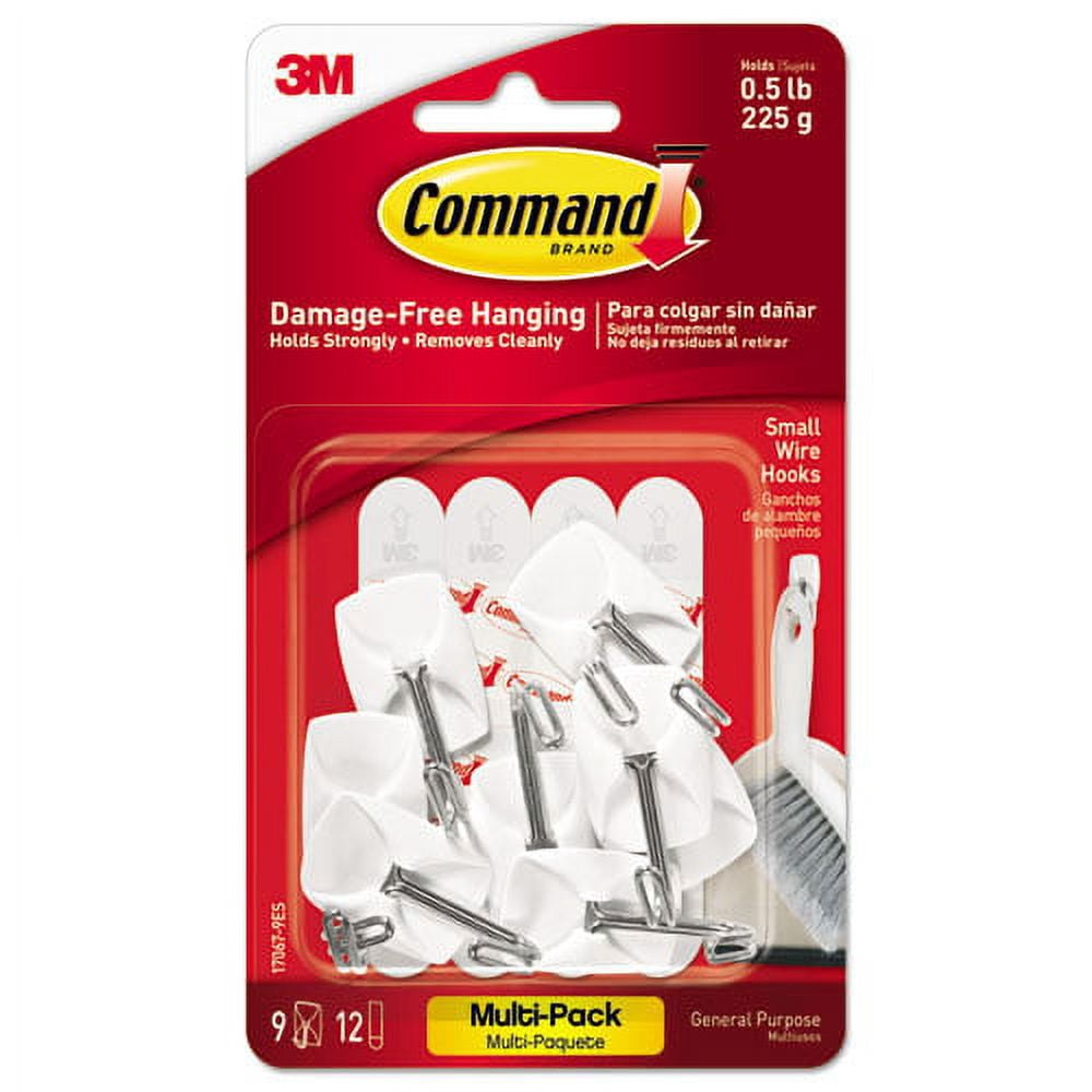 General Purpose Wire Hooks Multi-Pack, Small, 0.5 Lb Cap, White, 9 Hooks And 12 Strips/pack | Bundle of 5 Packs