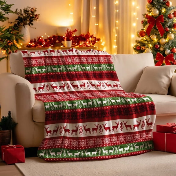 Striped Reindeer Throw Blanket for Couch or Bed, Soft Flannel Warm Washable Decor Cover for Daily Use.