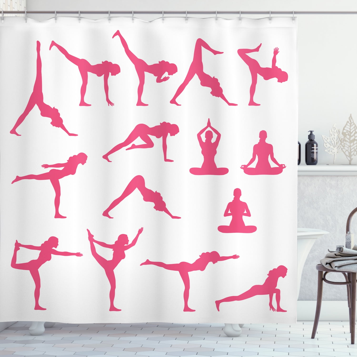 Yoga Shower Curtain, Pink Women Silhouettes in Different Yoga Positions