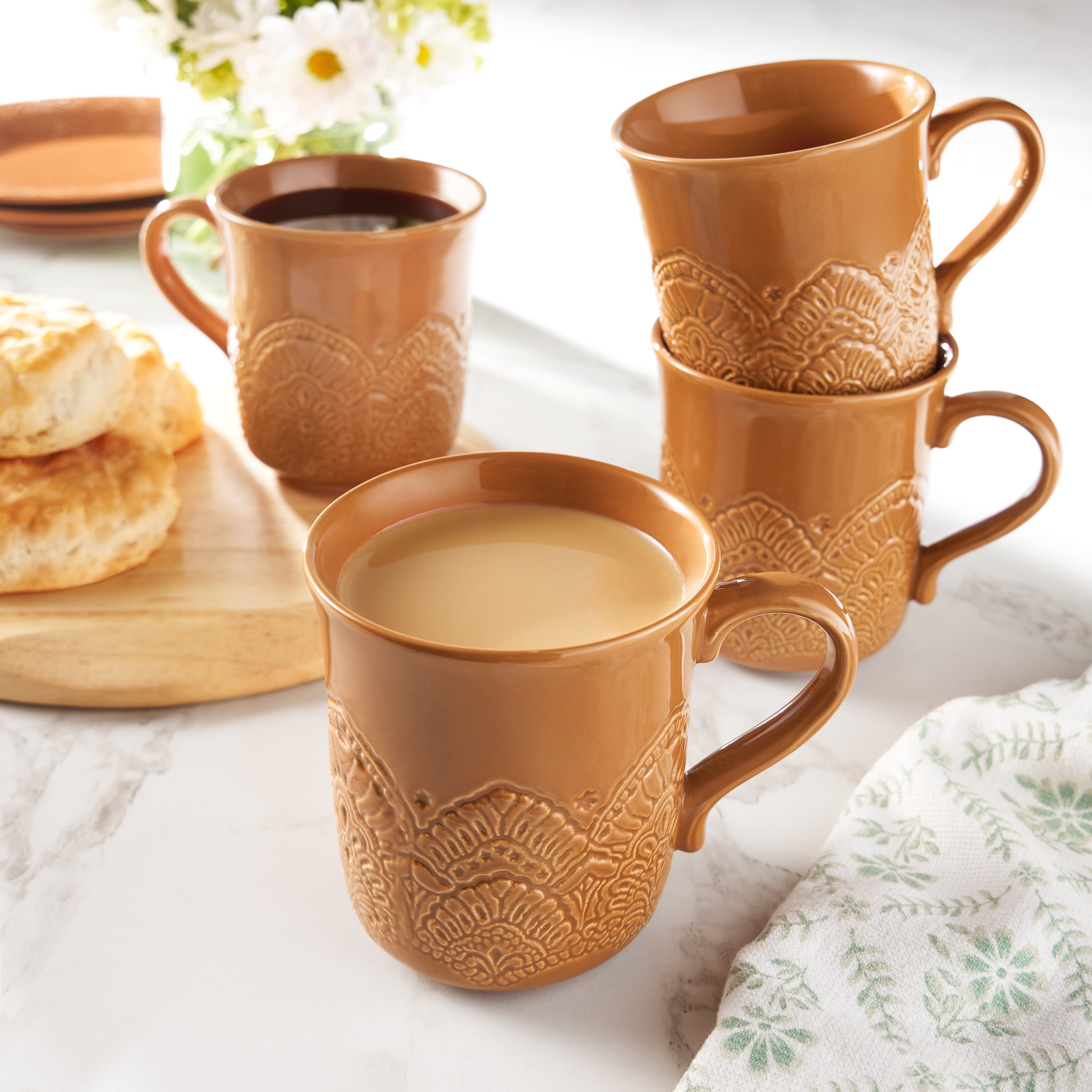 The Pioneer Woman Vintage Lace Caramel 4-Pack Ceramic Mug Set