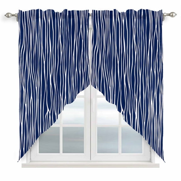 Vintage Wave Lines Swag Valances for Windows 2 Pack, Kitchen Window Curtains 36 Inch Length, Classic Minimalist Striped Navy Blue Privacy Swag Curtains for Living Room/Bathroom 36"x36"