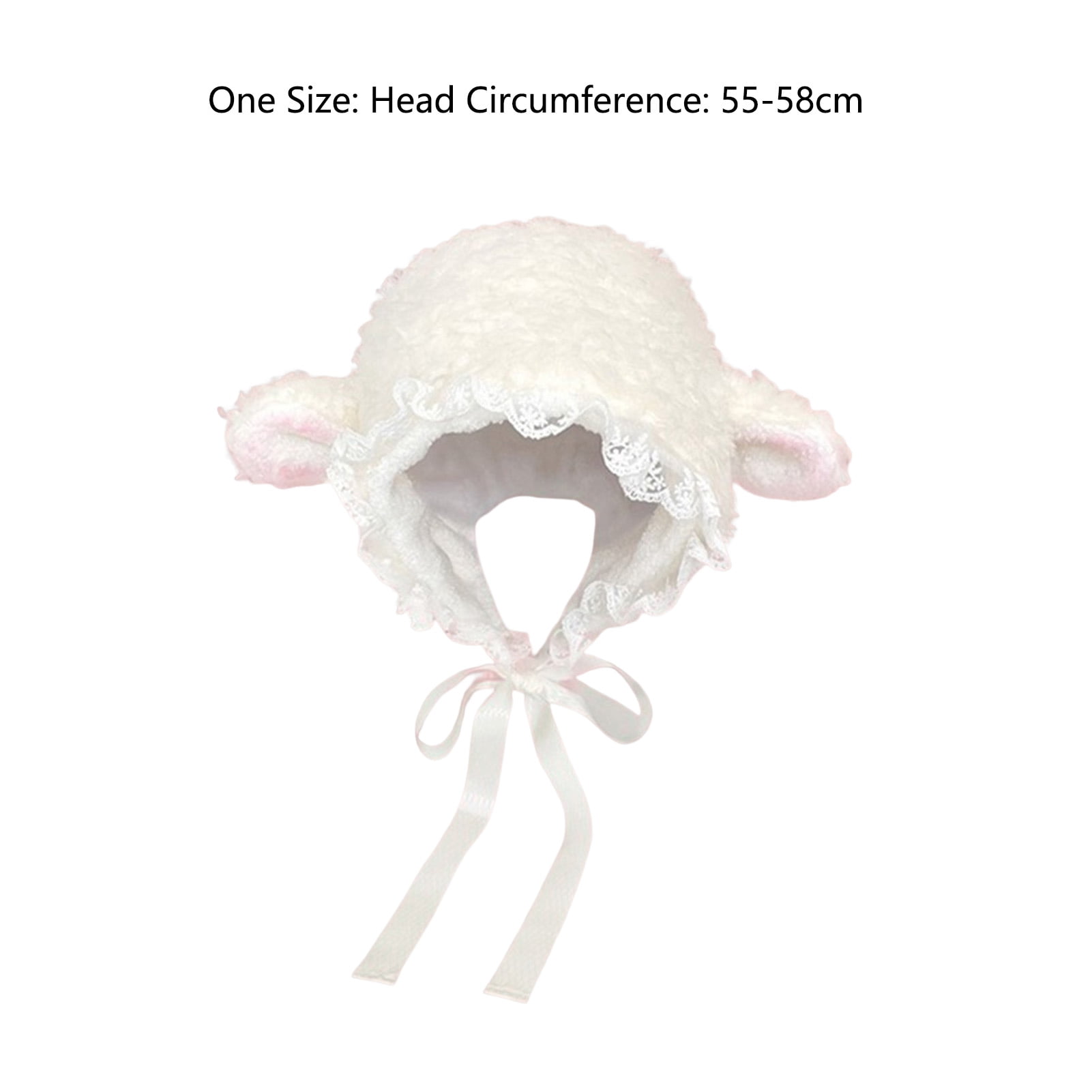 rygai Ladies Hat Photo Prop Sheep Ear Decor Solid Color Fluffy Thick Keep Warm Windproof Adjustable Winter Hat for Students,White