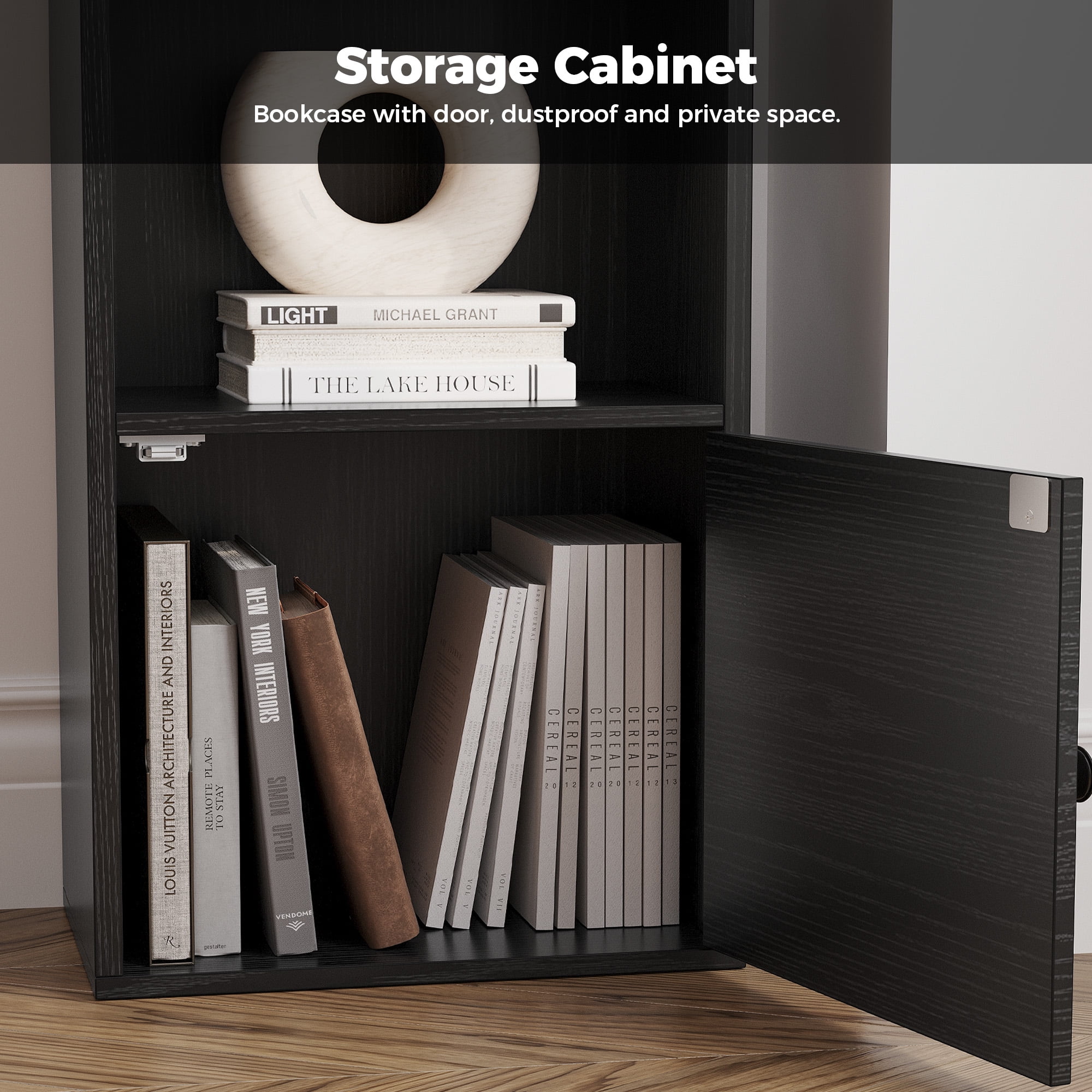 IRONCK 74.8" Tall Narrow Bookcase, 6 Tiers Open Adjustable Shelf and 1 Storage Cabinet for Home Office, Black