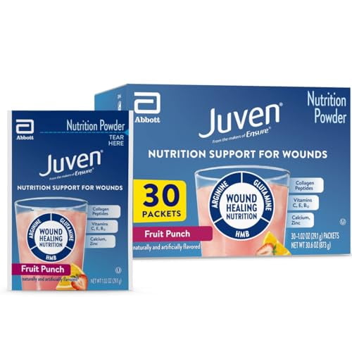 Juven Bebida de nutrición terapéutica en polvo que incluye péptidos de colágeno, aminoácidos y HMB para favorecer la curación de heridas, ponche de frutas, 30 paquetes
