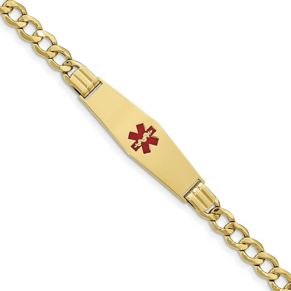 14K Medical Soft Diamond Shape Red Enamel Semi-solid Curb Link ID Bracelet (Weight: 11.14 Grams, Length: 8 Inches)