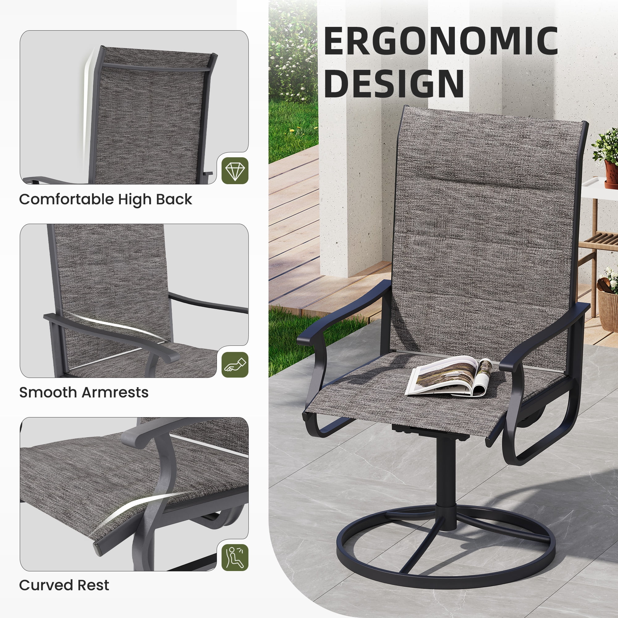 ELPOSUN Patio Swivel Chairs Set of 8, Outdoor Dining Chairs High Back Padded All Weather Breathable Textilene Outdoor Swivel Chairs with Metal Rocking Frame for Lawn Garden Backyard Deck, Dark Gray