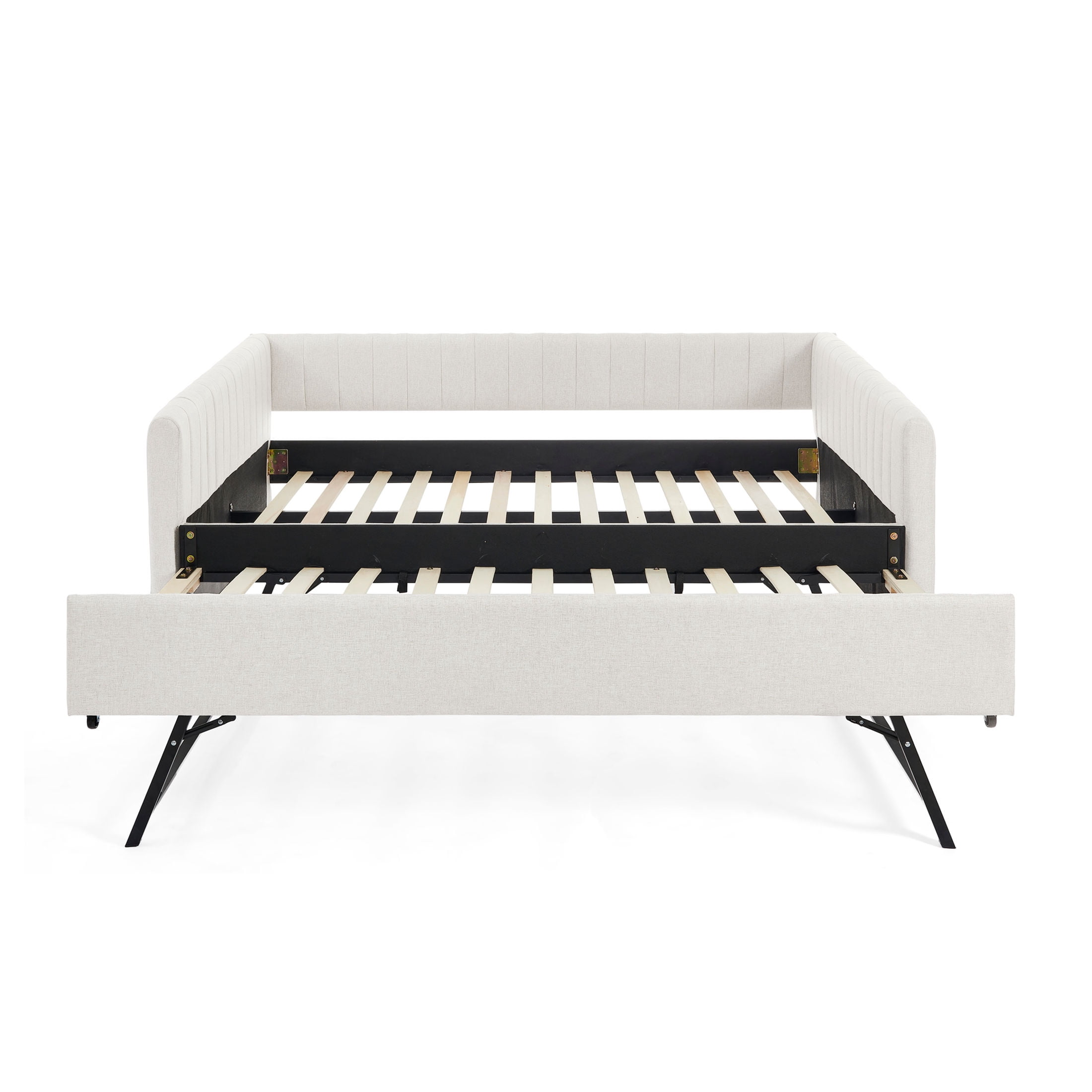 Noble House Solley Queen Size Daybed with Vertical Stripes & Pull-Out Trundle, Linen Upholstered Sofa Bed, Beige