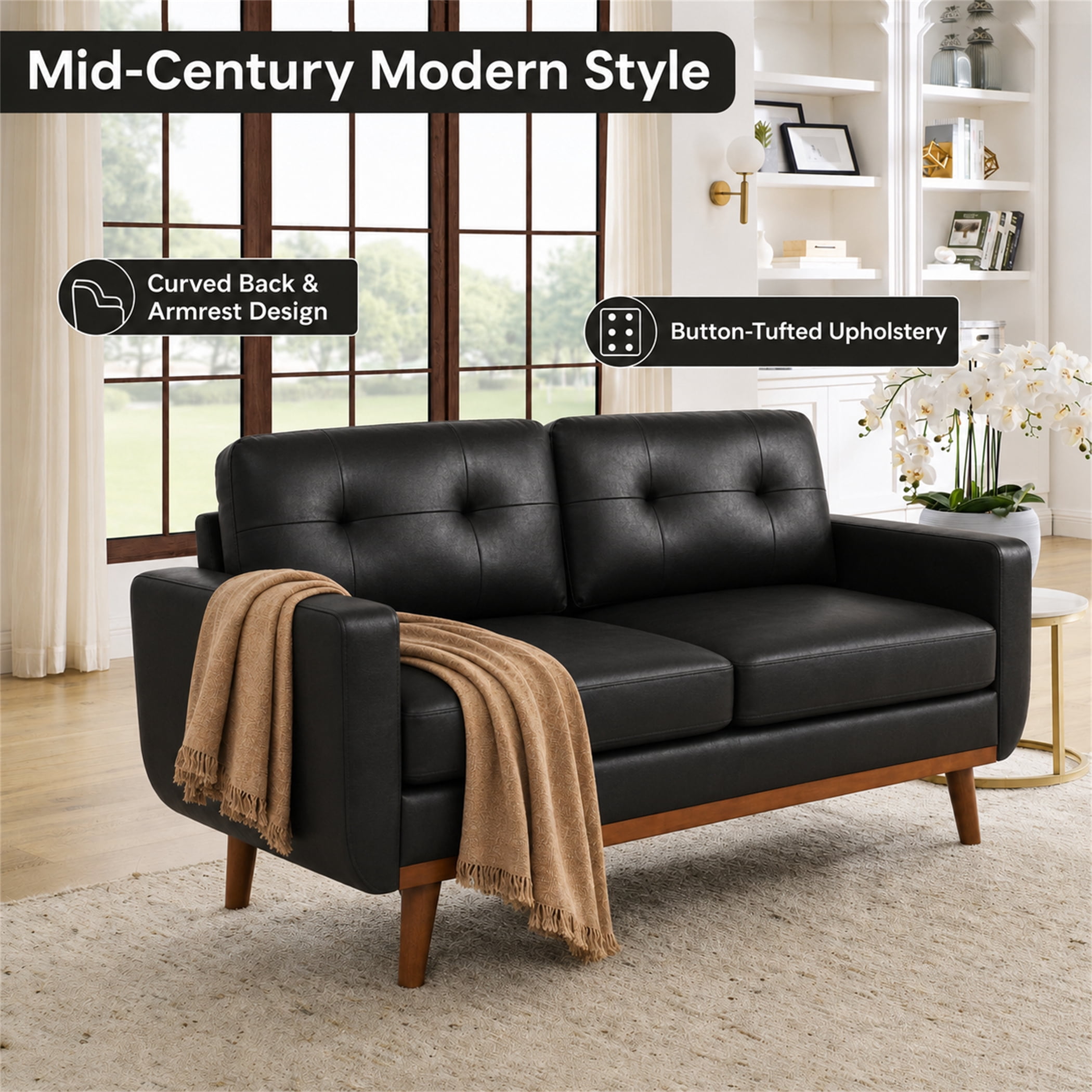 Aukfa 65" Small Sofa Loveseat Couch Comfy Mid Century Modern Sofa for Living Room Bedroom, Foil Fabric, Black