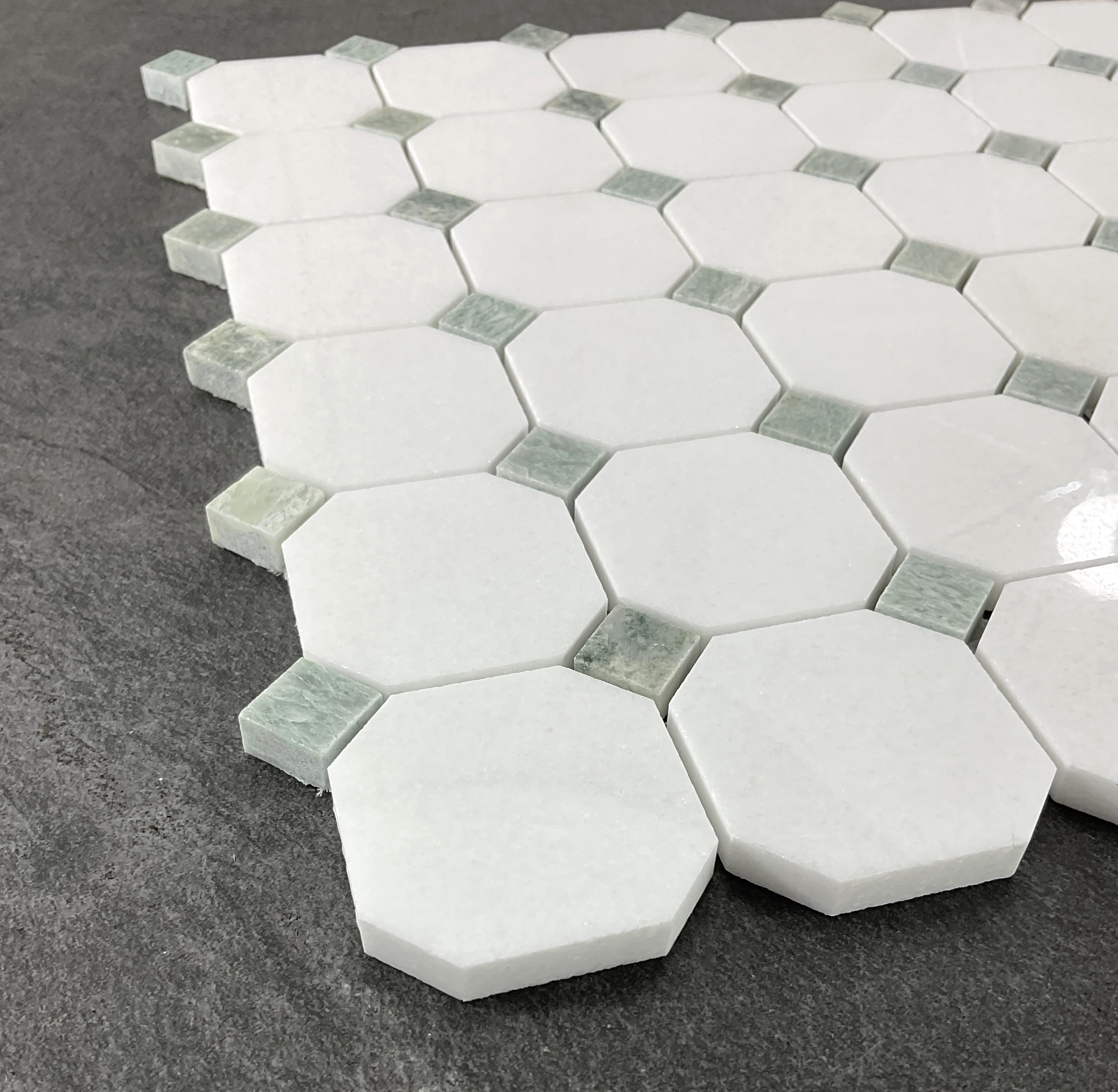 10-Pieces of Thassos White Octagon and Ming Green Dot Marble Mosaic Tile