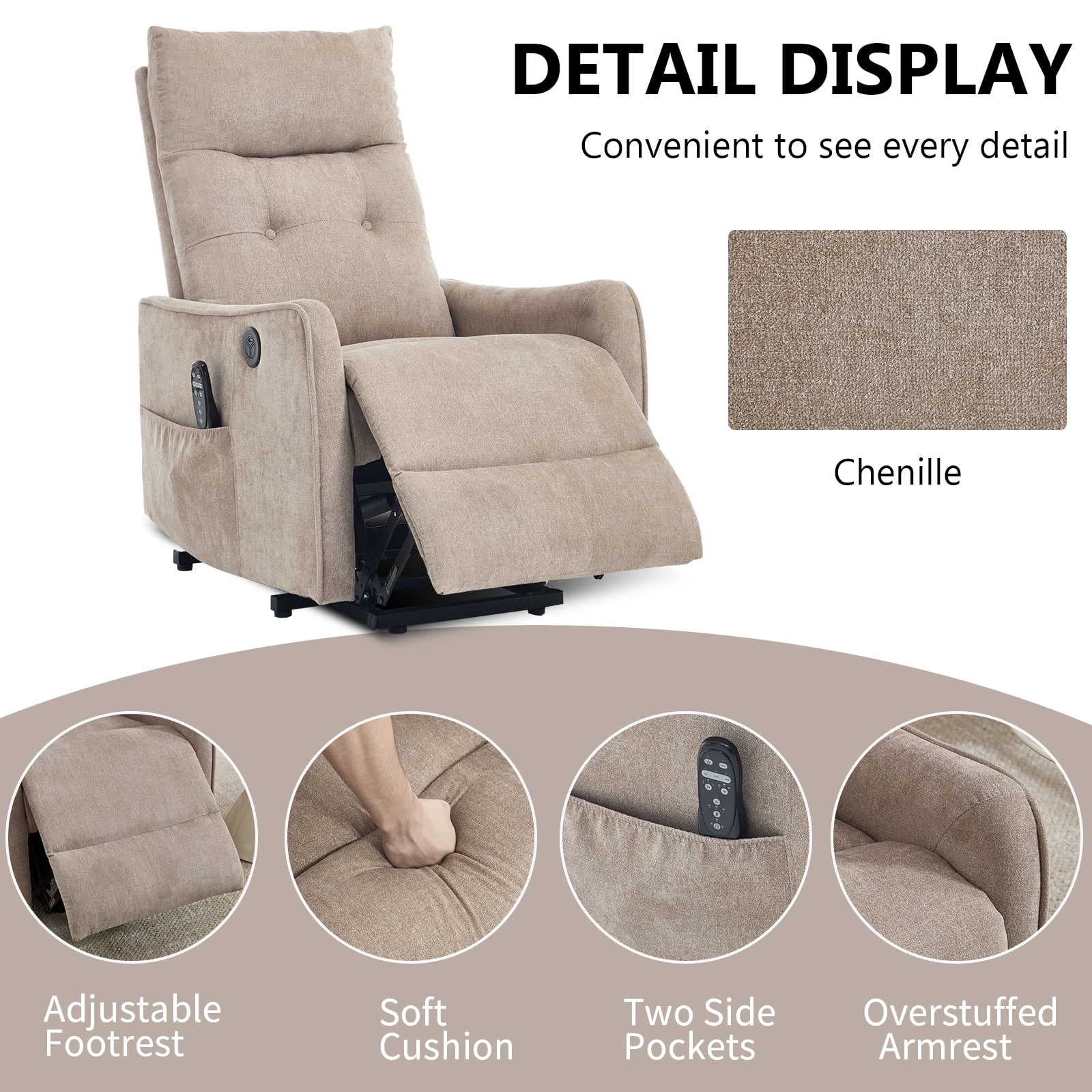 MAYEERTY Chenille Power Lift Recliner Chair for Elderly, Single Motor Electric Lift Chair with 8-Point Massage & Lumbar Heat, USB Charging Port, for Living Room Bedroom