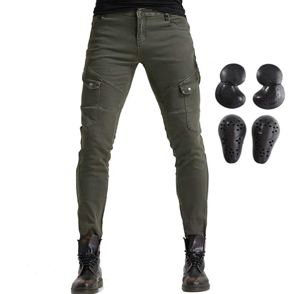 Men Motorcycle Riding Jeans Protective Pants Knight Hockey Biker Armor Pants (S=28, Army Green)