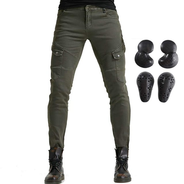 Men Motorcycle Riding Jeans Protective Pants Knight Hockey Biker Armor Pants (S=28, Army Green)