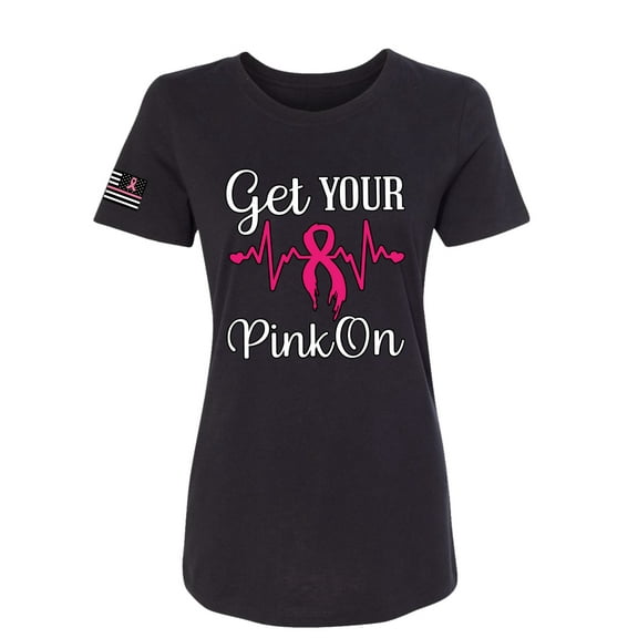 Wild Bobby, Get Your Pink On USA Flag Sleeve Breast Cancer Awareness Women Slim Fit Junior Tee, Black, Small