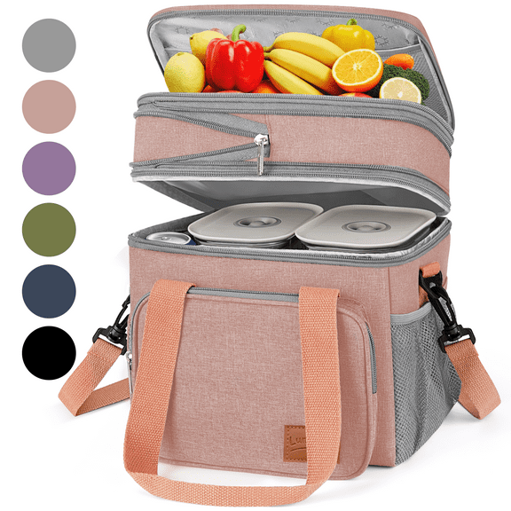 17L Insulated Lunch Bag for Men/Women, Large Reusable Double Deck Lunch Box, Leakproof Cooler Bag for Work, Picnic & Beach, with Adjustable Shoulder Strap & Side Mesh Pocket(Pink)