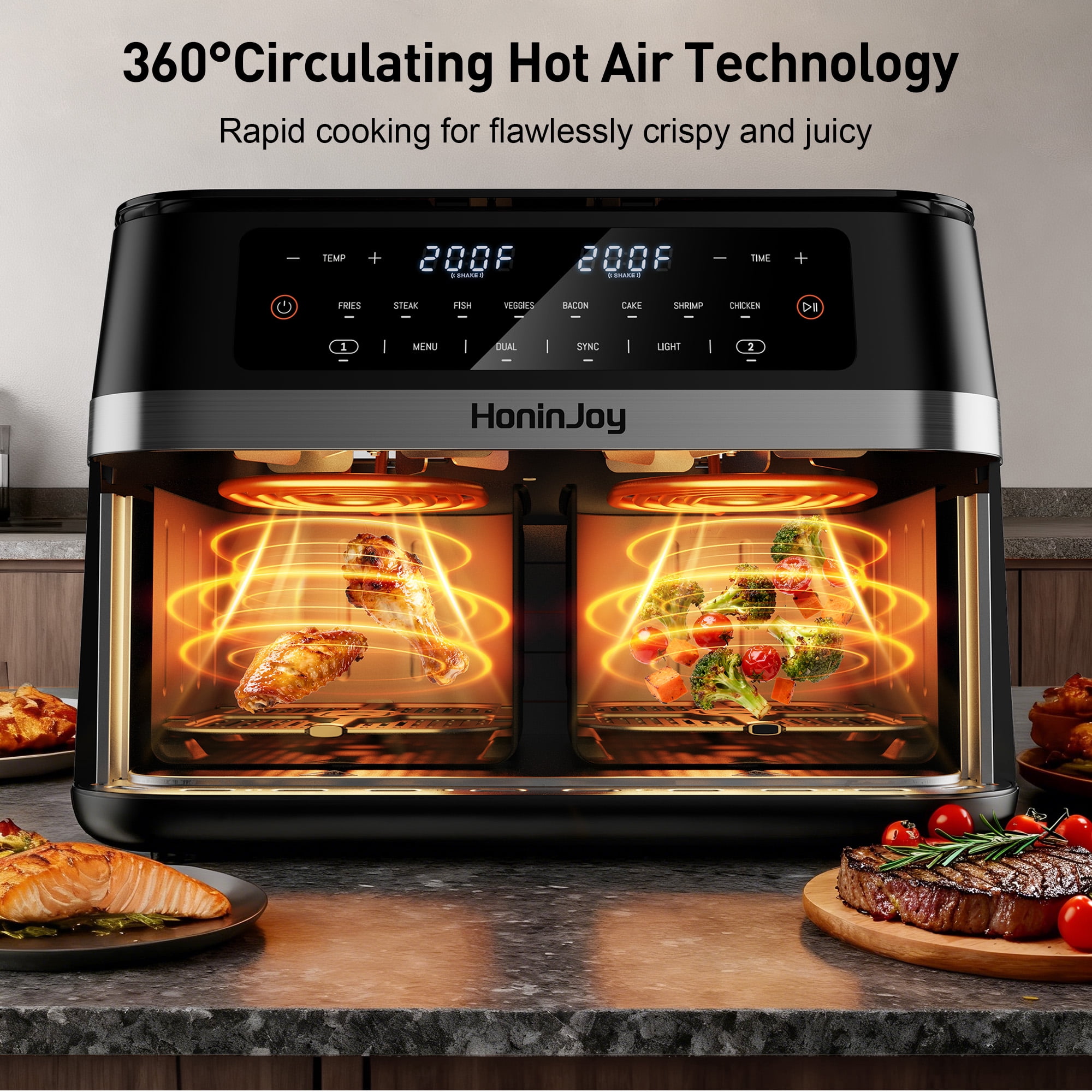 HoninJoy 12 QT Large Dual Basket Air Fryer, With Visible Cooking Window( 50PCS Air Fryer Liners Included)-New