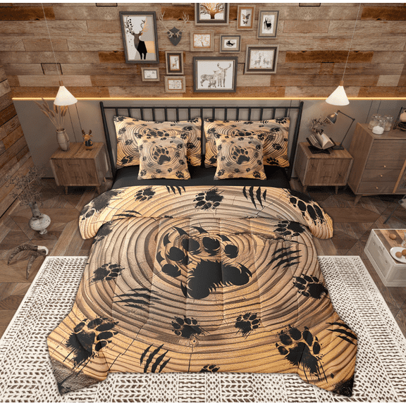 Manfei Jungle Bear Paw Bedding Full Size, Rustic Tree Bedding Sets Full Size, Farmhouse Animal Reversible Comforter Sets with Sheets, Microfiber Bedroom Decoration, 7pcs