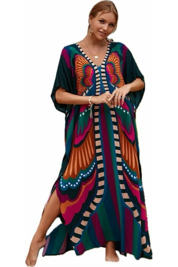 Caftans for Women Plus size Butterfly Print Kaftan Robe Swimsuit Cover up Beach Maxi Loungewear