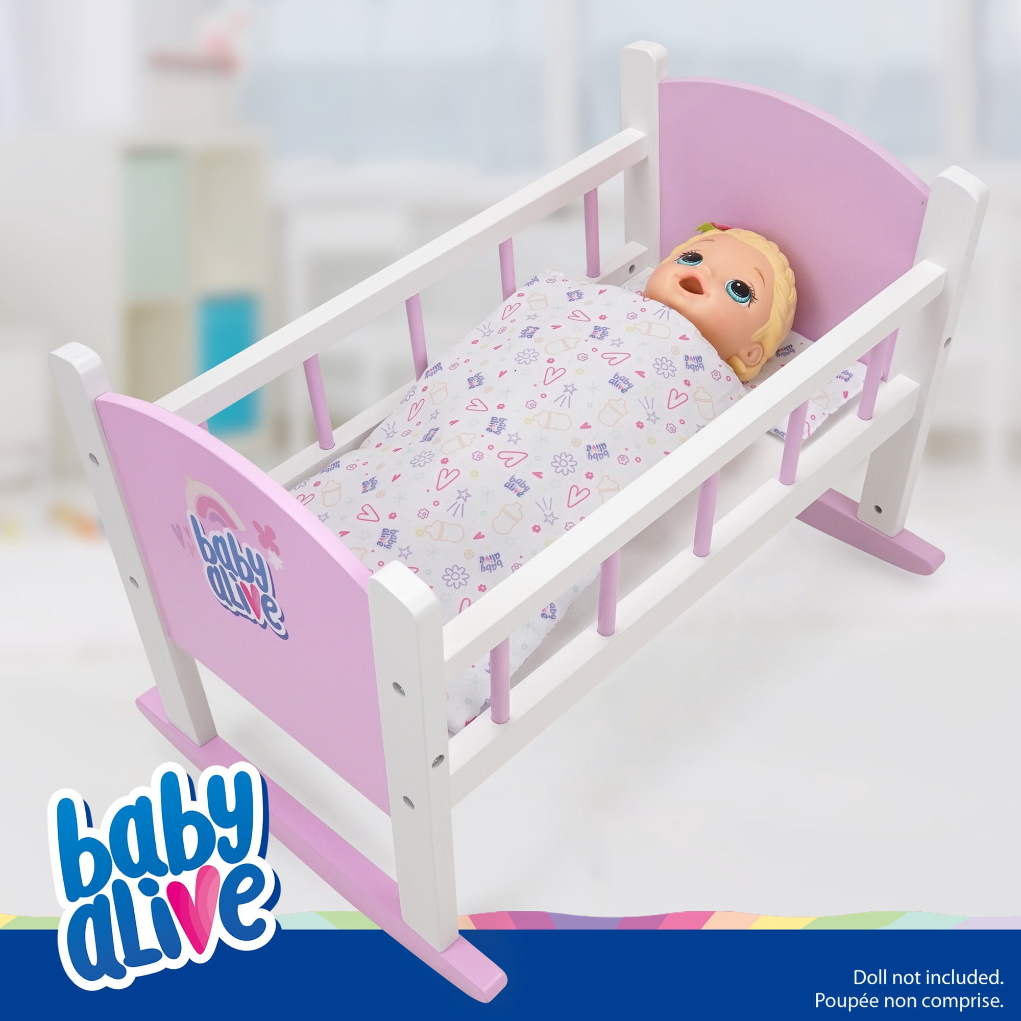509 Crew: Baby Alive - Wooden Doll Cradle - Pink-White-Purple, Rocking Bed, Pillow & Blanket, Doll & Plush Sleeping Accessory, Roleplay Toy, Kids 3+