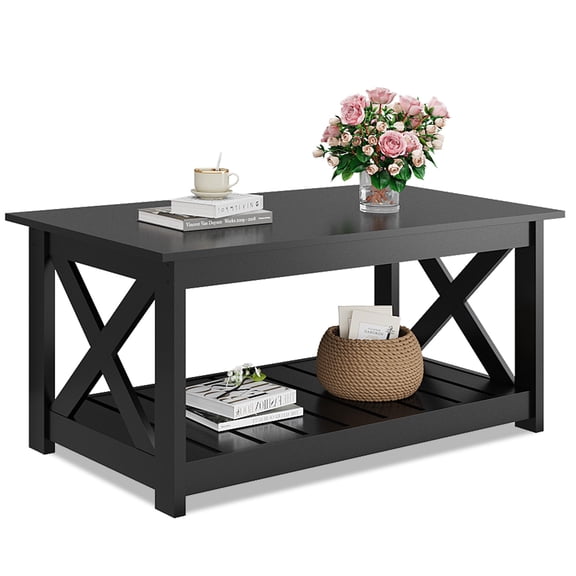 40 Inch Farmhouse Coffee Table with X Frame Bottom Storage Shelf Wooden Top for Living Room Bedroom