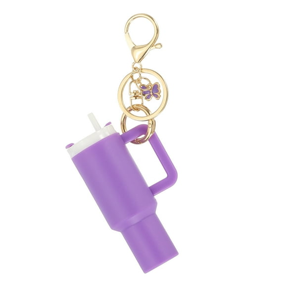 Uxcell Mini Cup Keychain, 1Pcs Mini Tumbler Keychain Lip Balm Holder Cute Cup Charm for Women Handbags Backpack, Dark Purple Butterfly