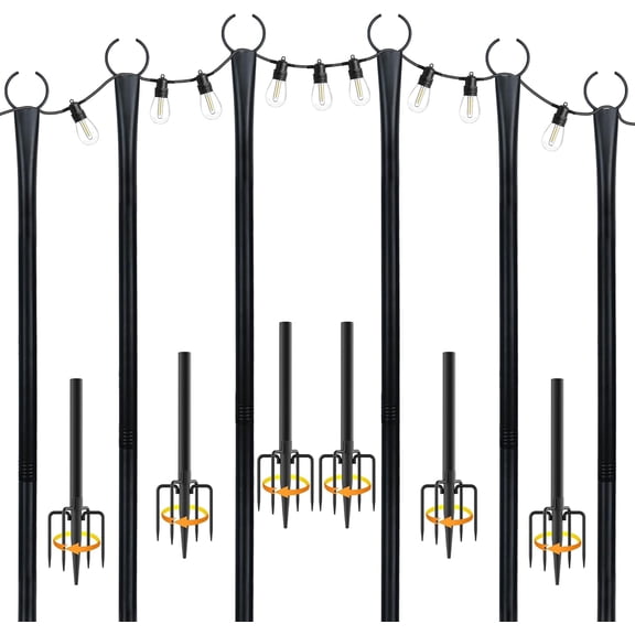 10 Ft String Light Poles for Outside, 6 Pack Heavy-Duty Metal Poles for Outdoor Hanging Lights with Fence Brackets, Outdoor String Light Pole Stand for Patio, Backyard, Garden