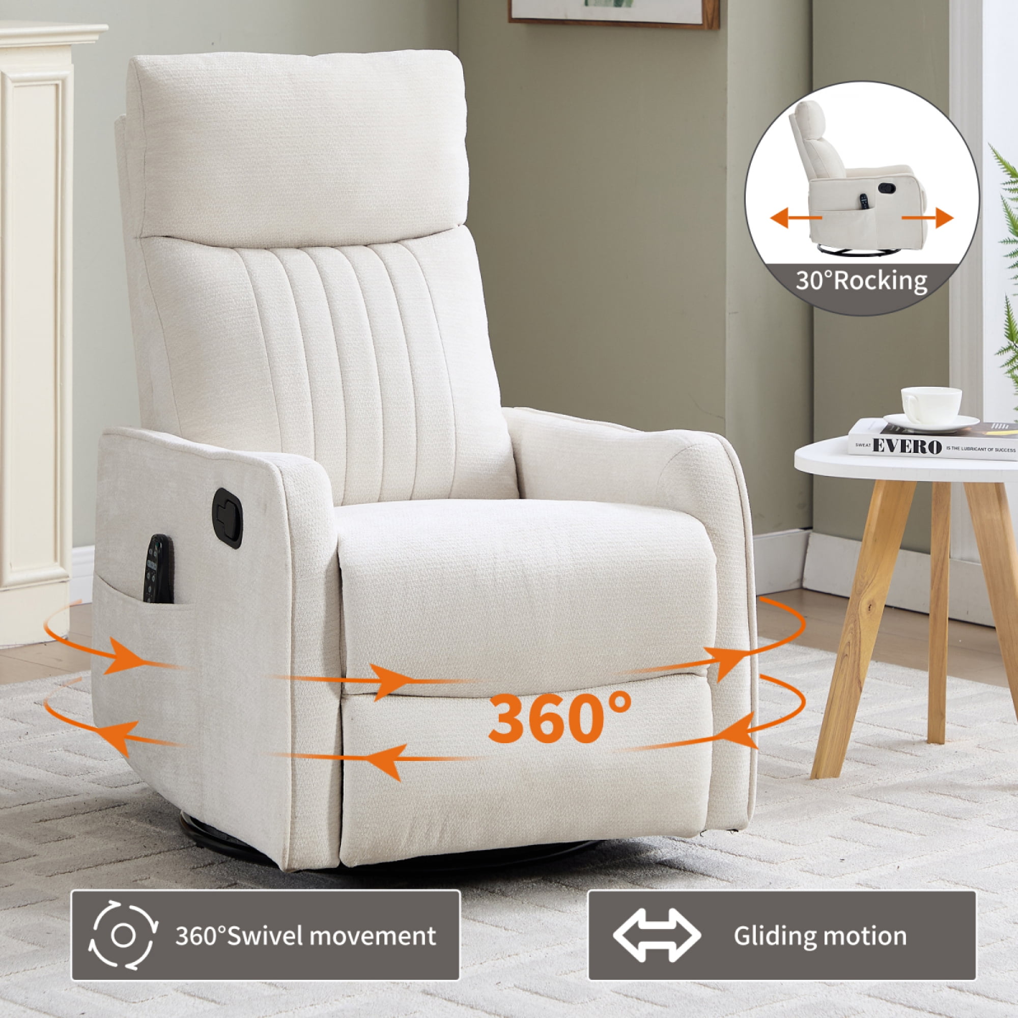 360 Swivel Rocking Recliner Chair for Adults, Nursery Rocking Chair with Heat and Massage, Glider Reclining Chair for Small Space, Living Room, Bedroom (Chenille, Beige)
