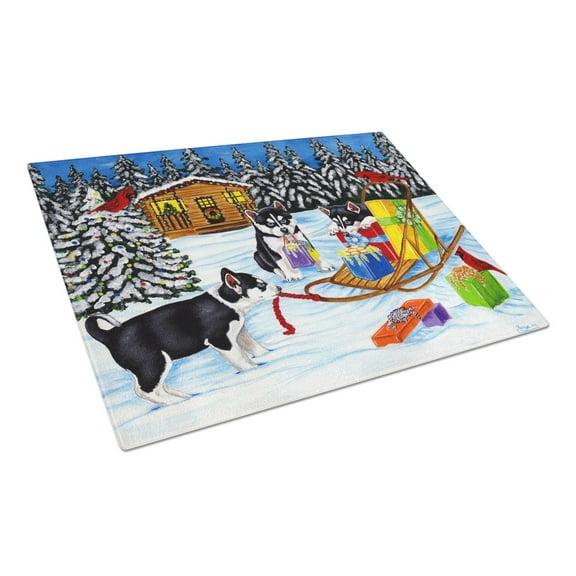 Carolines Treasures AMB1318LCB Christmas Mush Siberian Husky Glass Cutting Board Large 12H x 16W multicolor