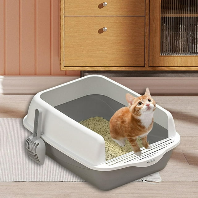 Inodoro para gatos con parte abierta, fácil de limpiar, resistente, grande, semicerrado, suministros antisalpicaduras, orinal para gatos, , GRIS